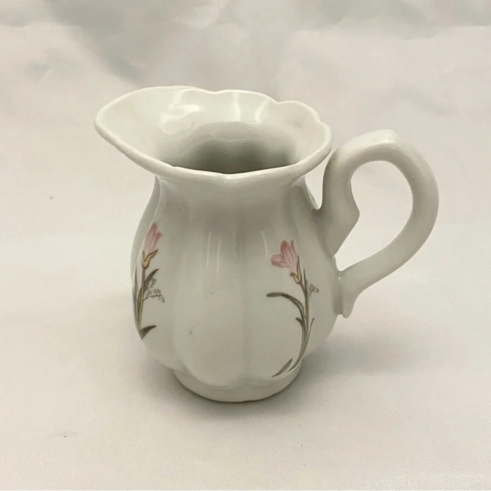 Small Pitcher Creamer, White With Pink Flower, Made in China, Vintage EUC